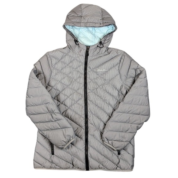Eddie Bauer Jackets & Blazers - Eddie Bauer Womens XL Grey Pinstripe Hooded Down Puffer Jacket Quilted Full Zip